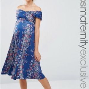 ASOS Maternity off the shoulder blue floral dress